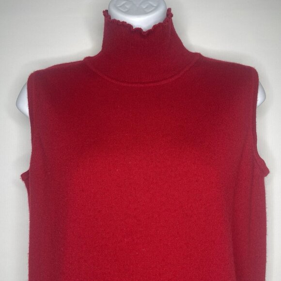 St John Red Cashmere Sweater Top Size S Sleeveless Ruffled Mock Neck Fall 2010 - Picture 2 of 10